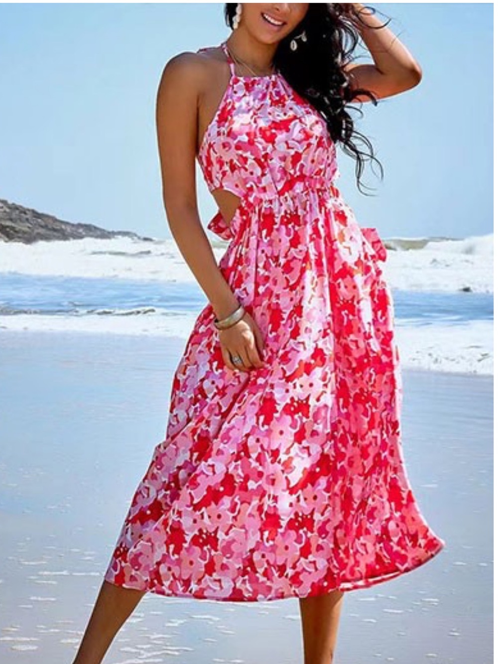 Lumiere Fushia Pink White Floral MIDI Ruffle Dress